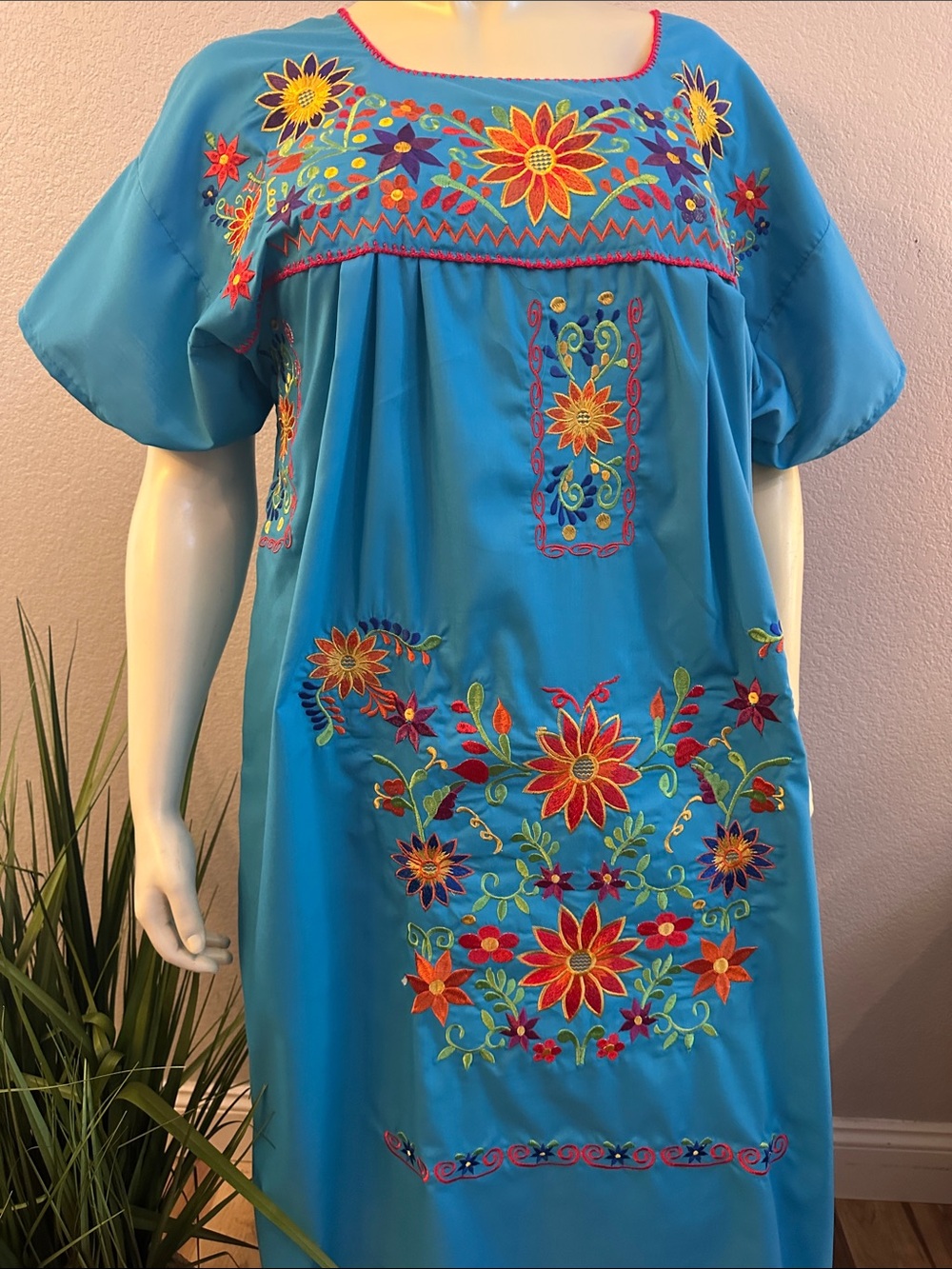 2XL-3XL-5XL Blue Embroidered Floral Mexican Maxi Dress